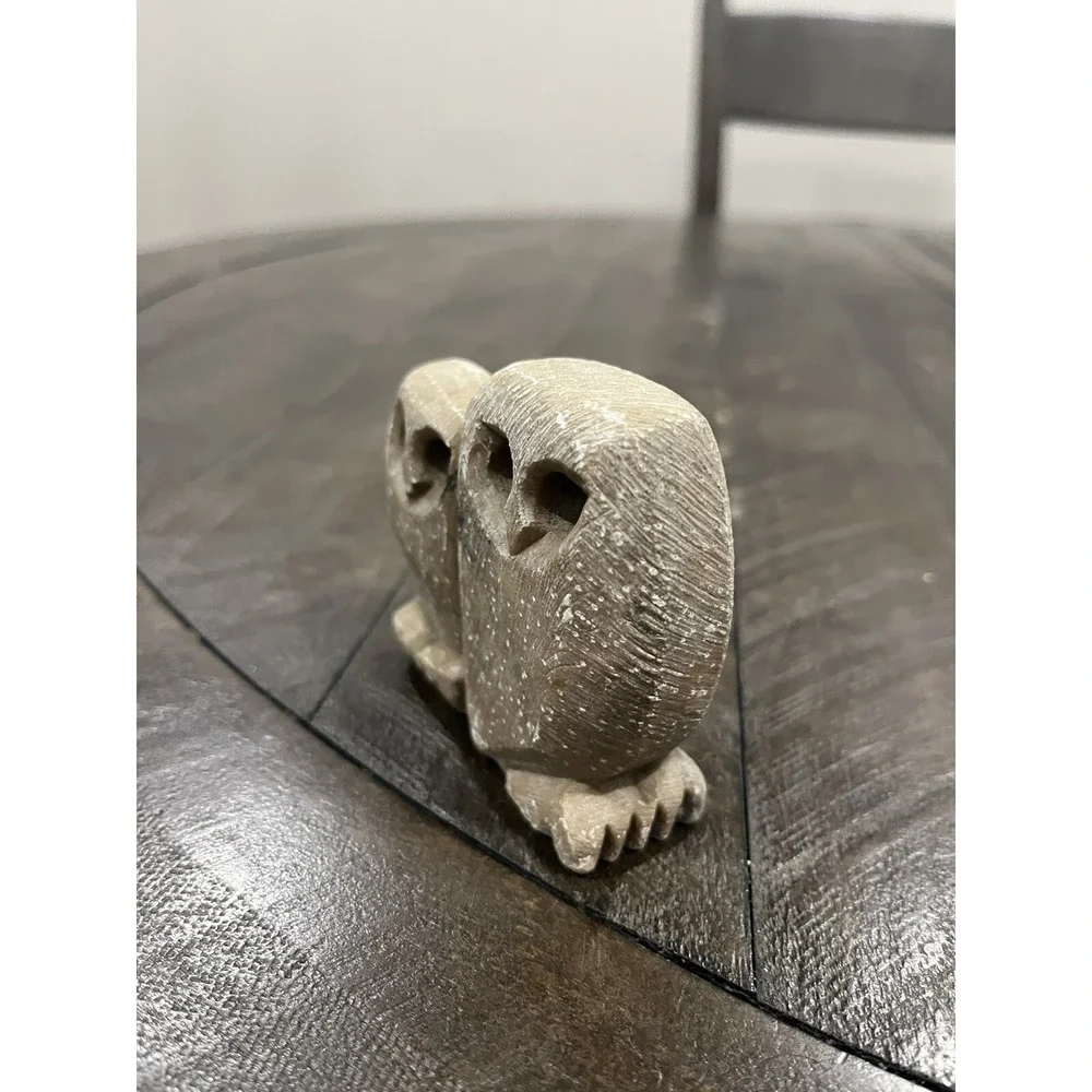 Vintage MCM Russian Stone Owl Pair Carving Figurine Handcrafted Soapstone 3